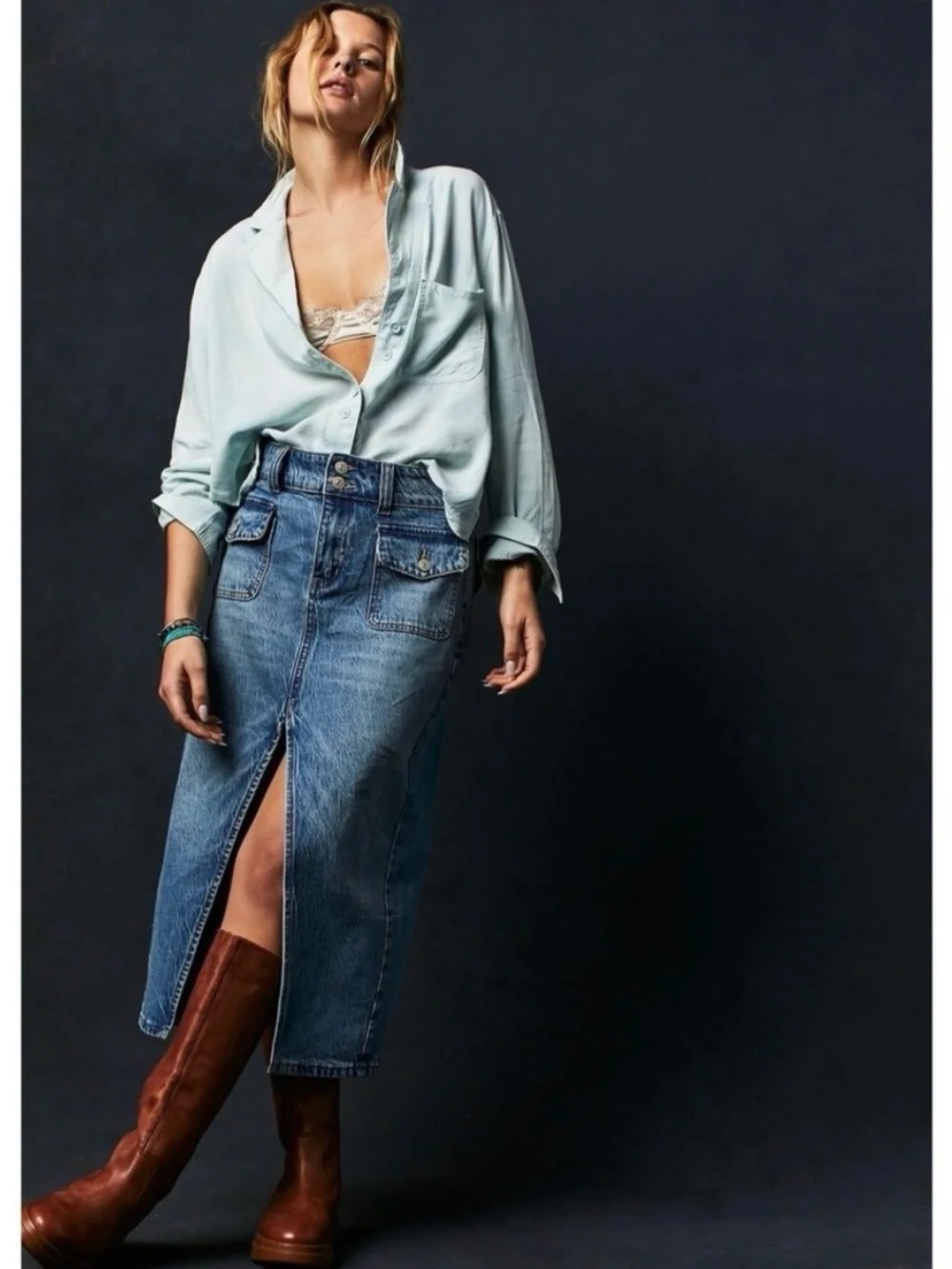 We The Free Madison Midi Long Denim Skirt 32 Front Split Indie Sleaze Streetwear